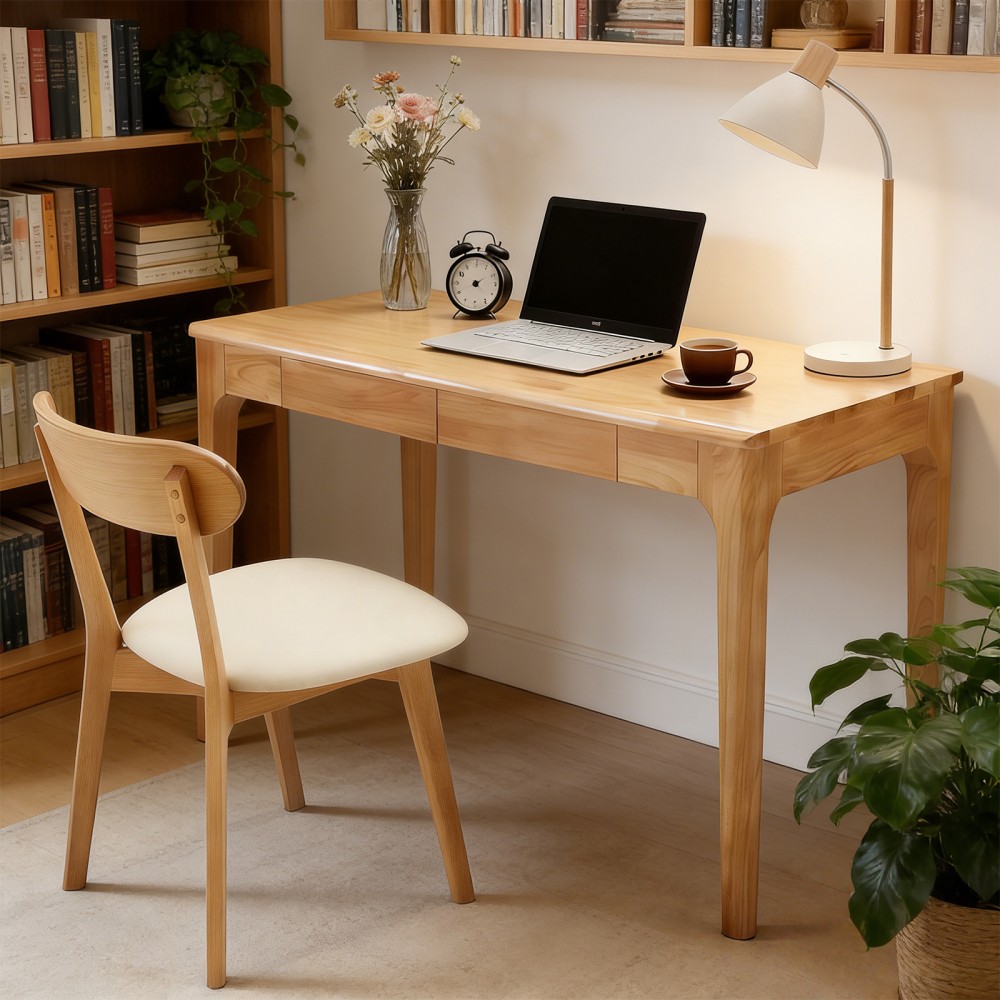 Modern Solid Wood Writing Desk with 2 Drawers, Compact Office Desk