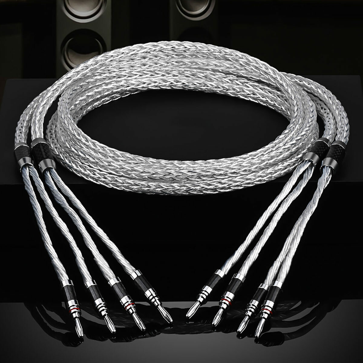 8 Awg HiFi Speaker Wire Cable Silver Plate 8N OCC Carbon Fiber Banana Spade Cord