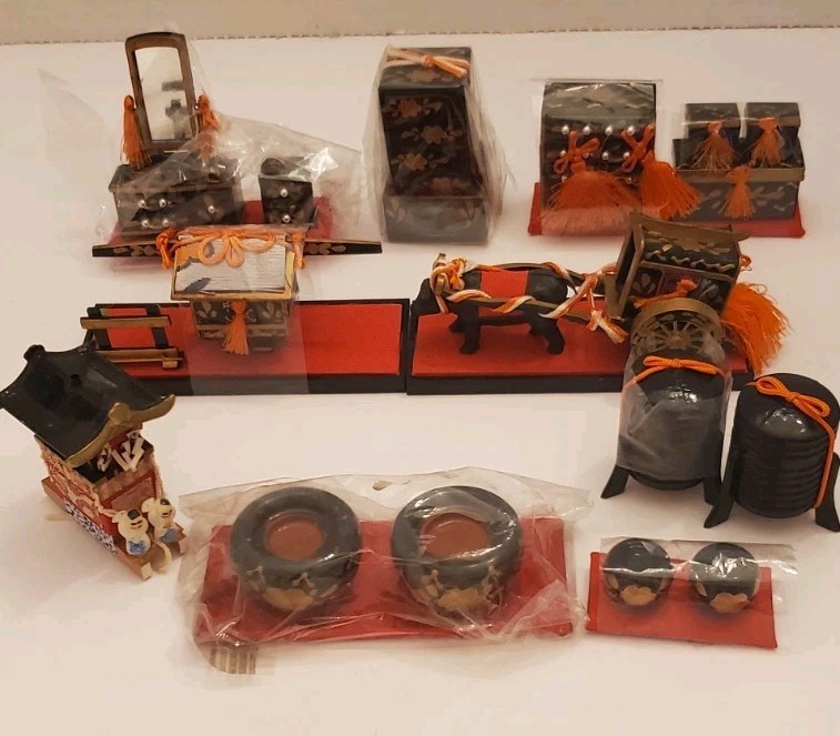 Japanese Hina Wooden Lacquer Tansu Mini Furniture Marsuri Festival Cart Vintage