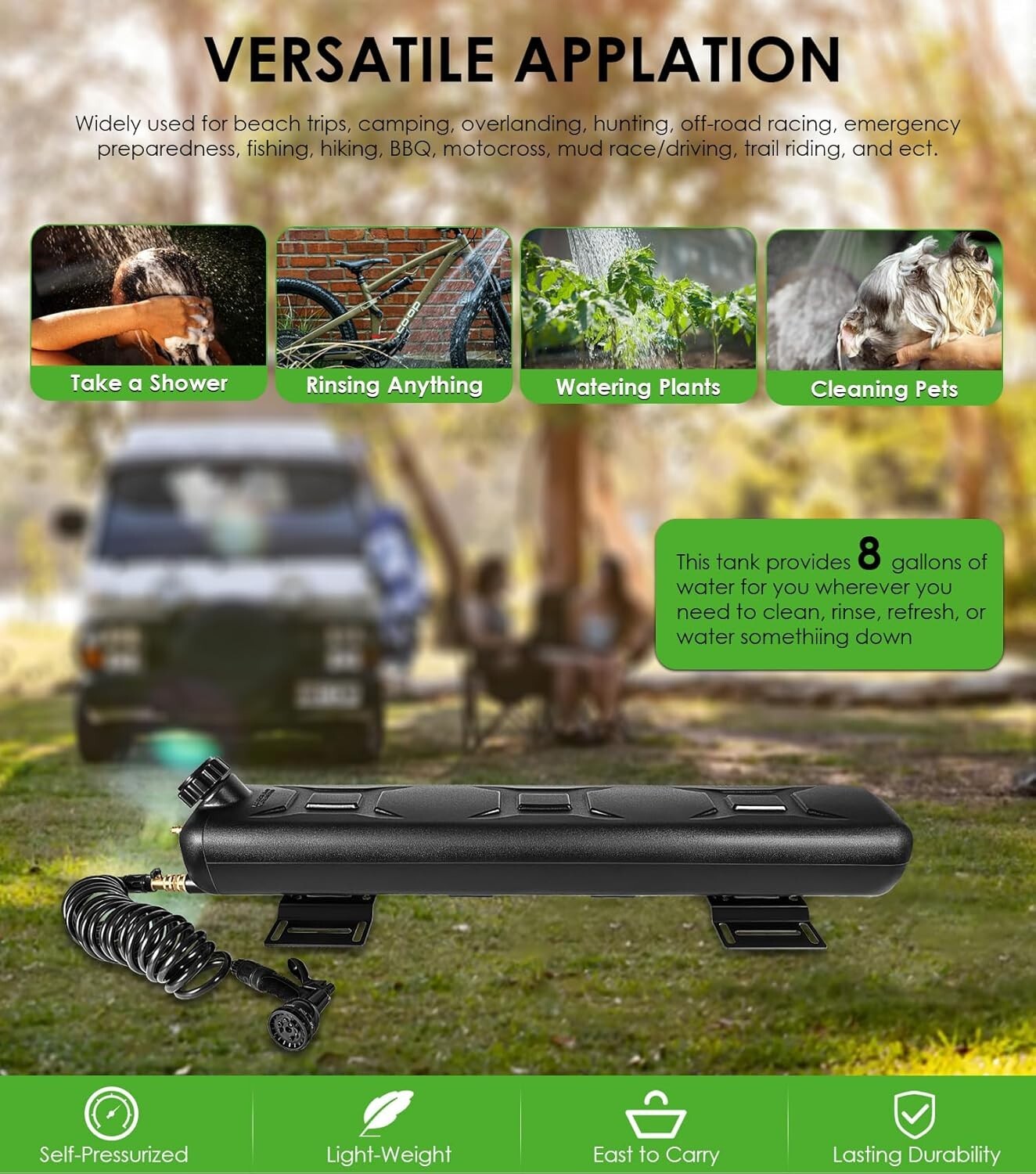 8 Gallon Pressurized Water Tank for Camping Showers, Multiple Mounting