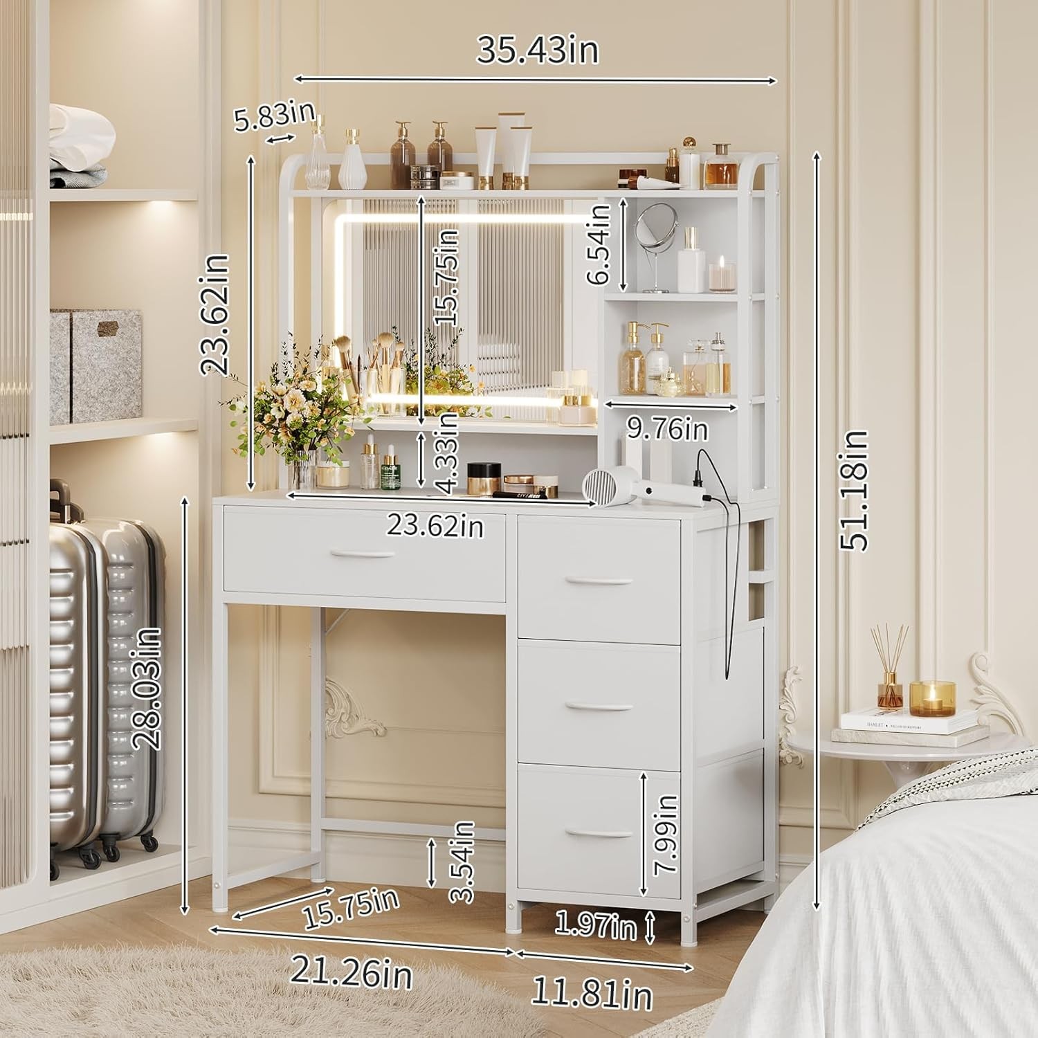 Modern Makeup Vanity for Girls: 35.4" Desk W/ Mirror & 4 Fabric Storage Drawers