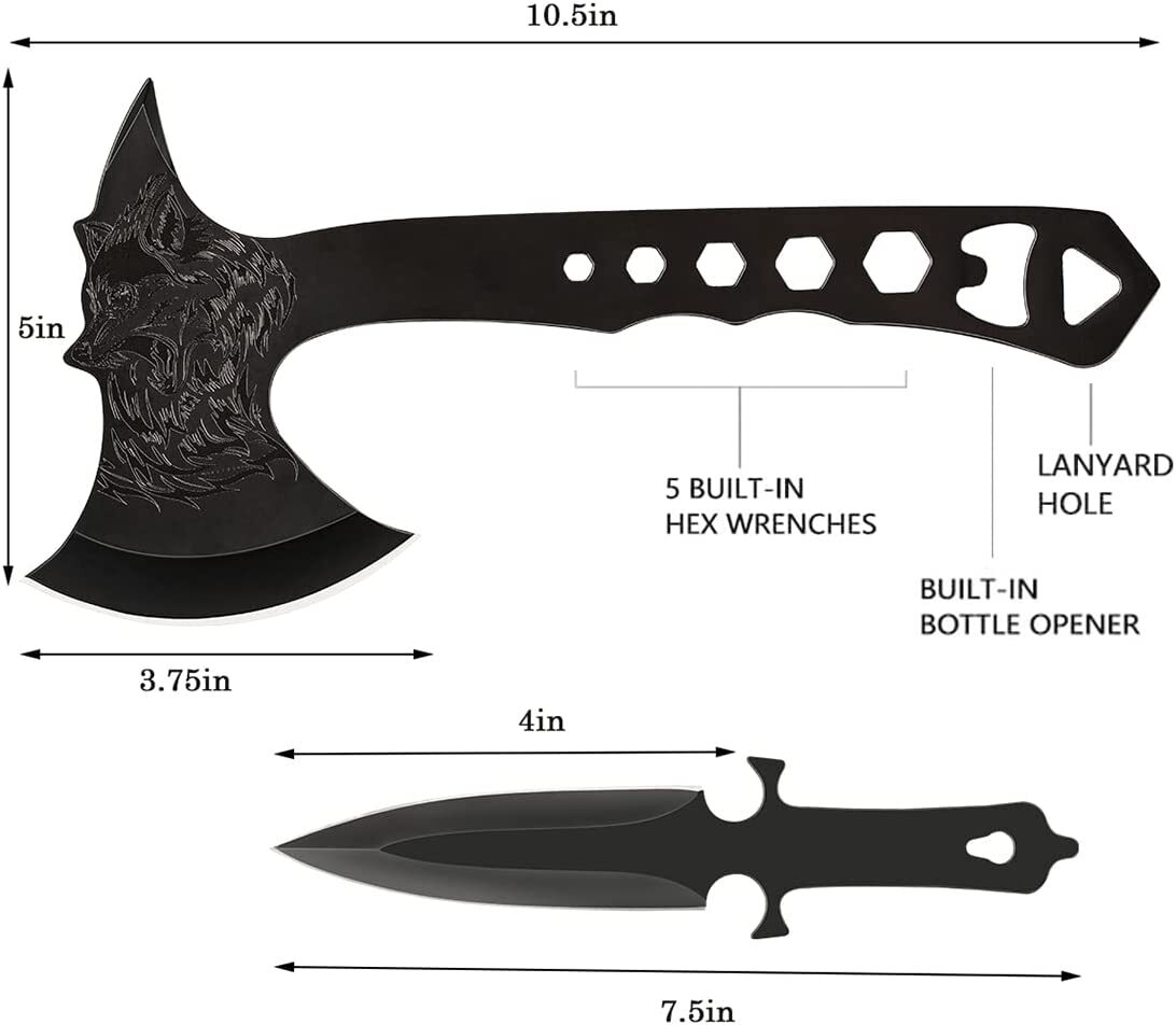 3PCS Throwing Axes and Knives with Full Tang Stainless Steel for Camping, Game