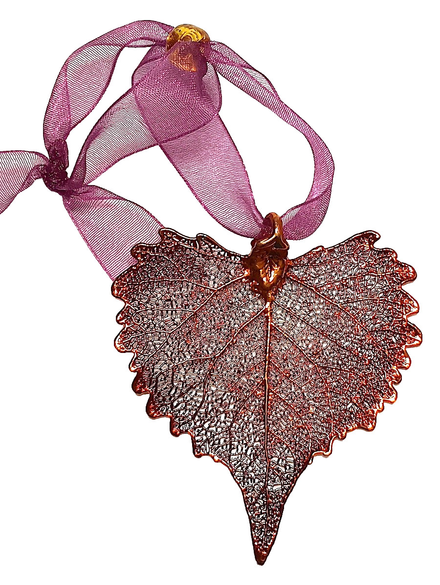Leaf Ornament, Copper Dipped Cottonwood, Real Leaves, Sliding Ribbon Tie, 2.5 "