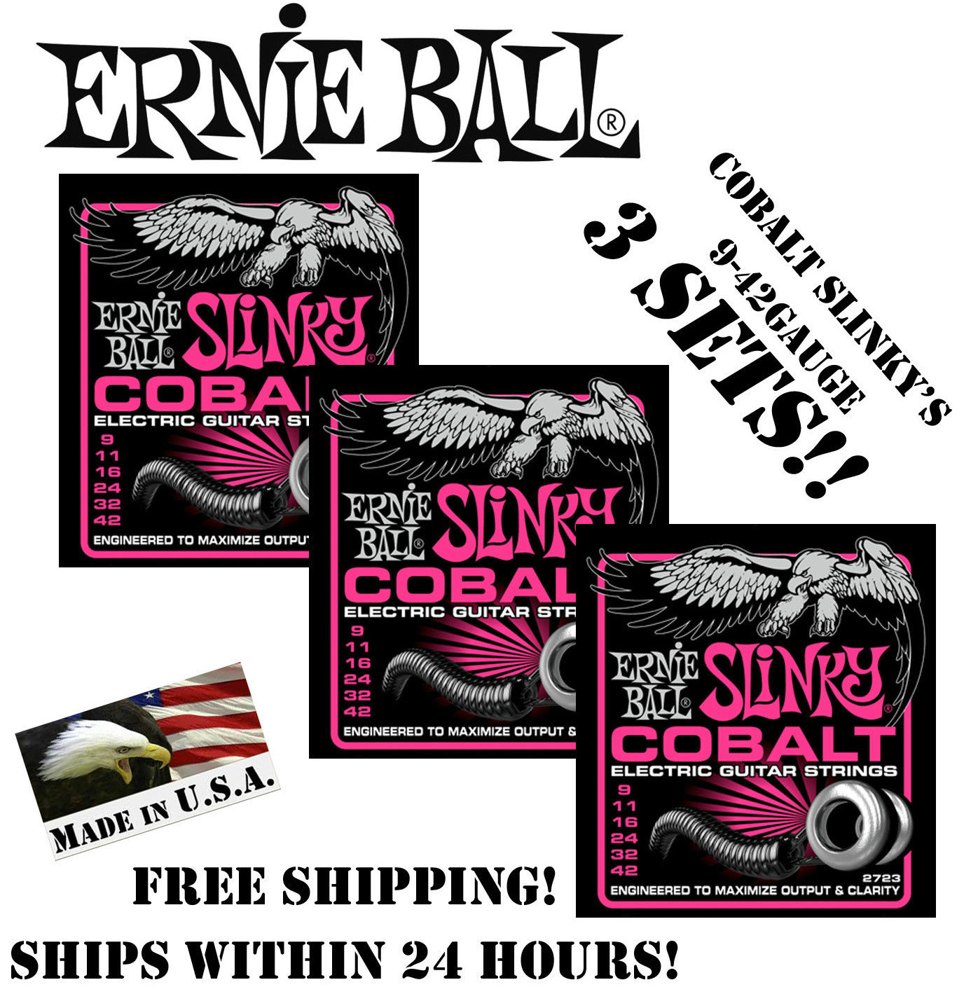 ** 3-PACK ERNIE BALL COBALT SUPER SLINKY 2723 ELECTRIC GUITAR STRINGS 9-42**