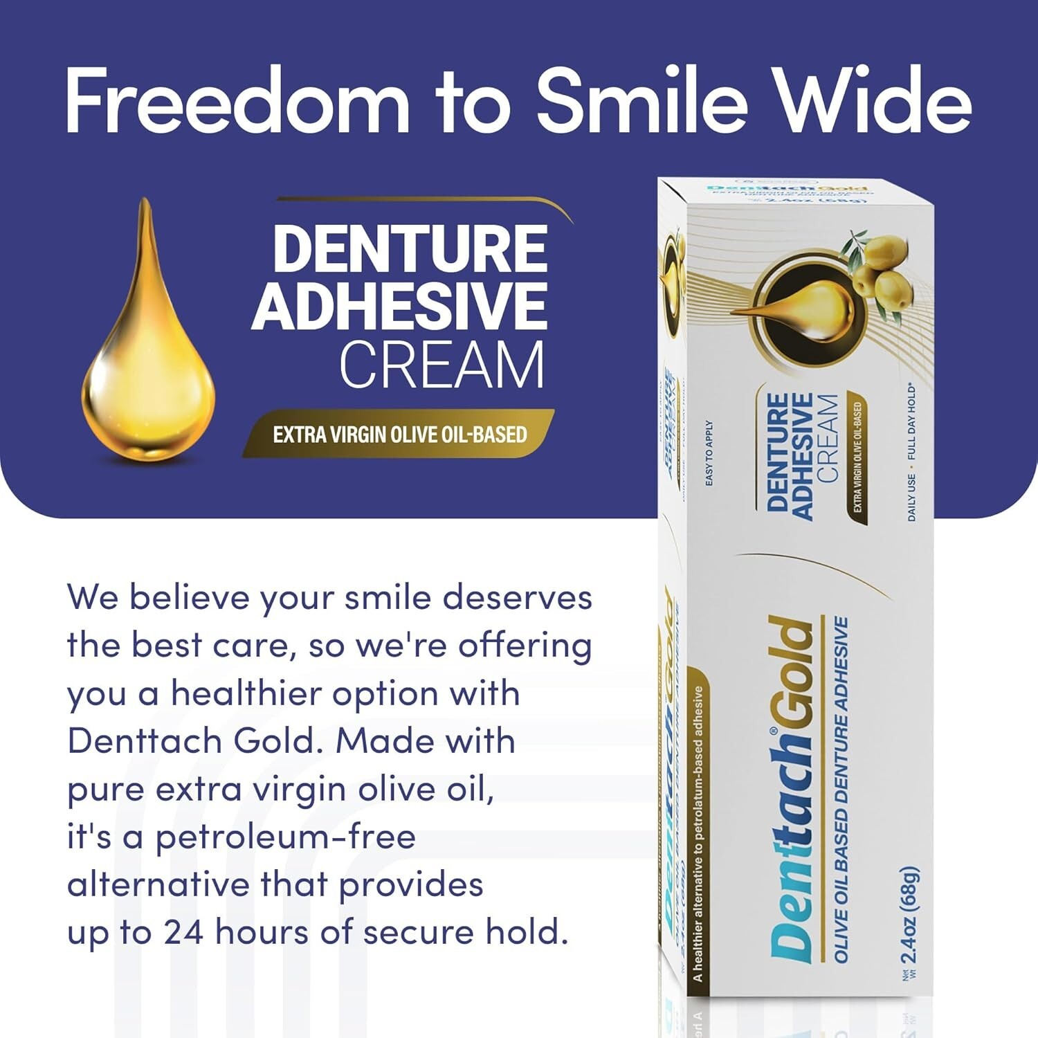 Denttach Gold Denture Adhesive, Petroleum Free Olive Oil Based Denture Glue
