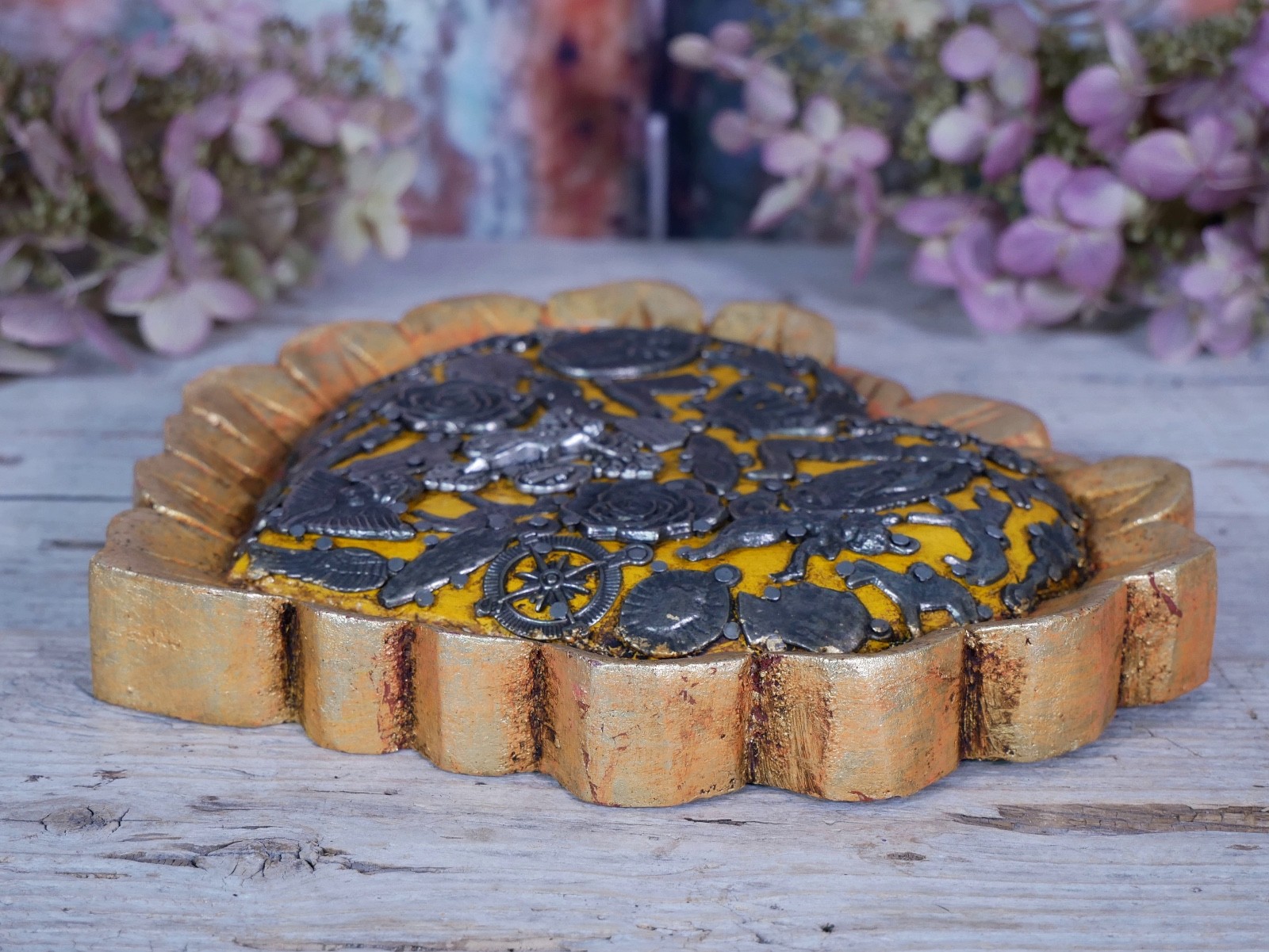 Heart With Gold Baby Feathers Milagros Wood Handmade Mexican Folk Art Love Token