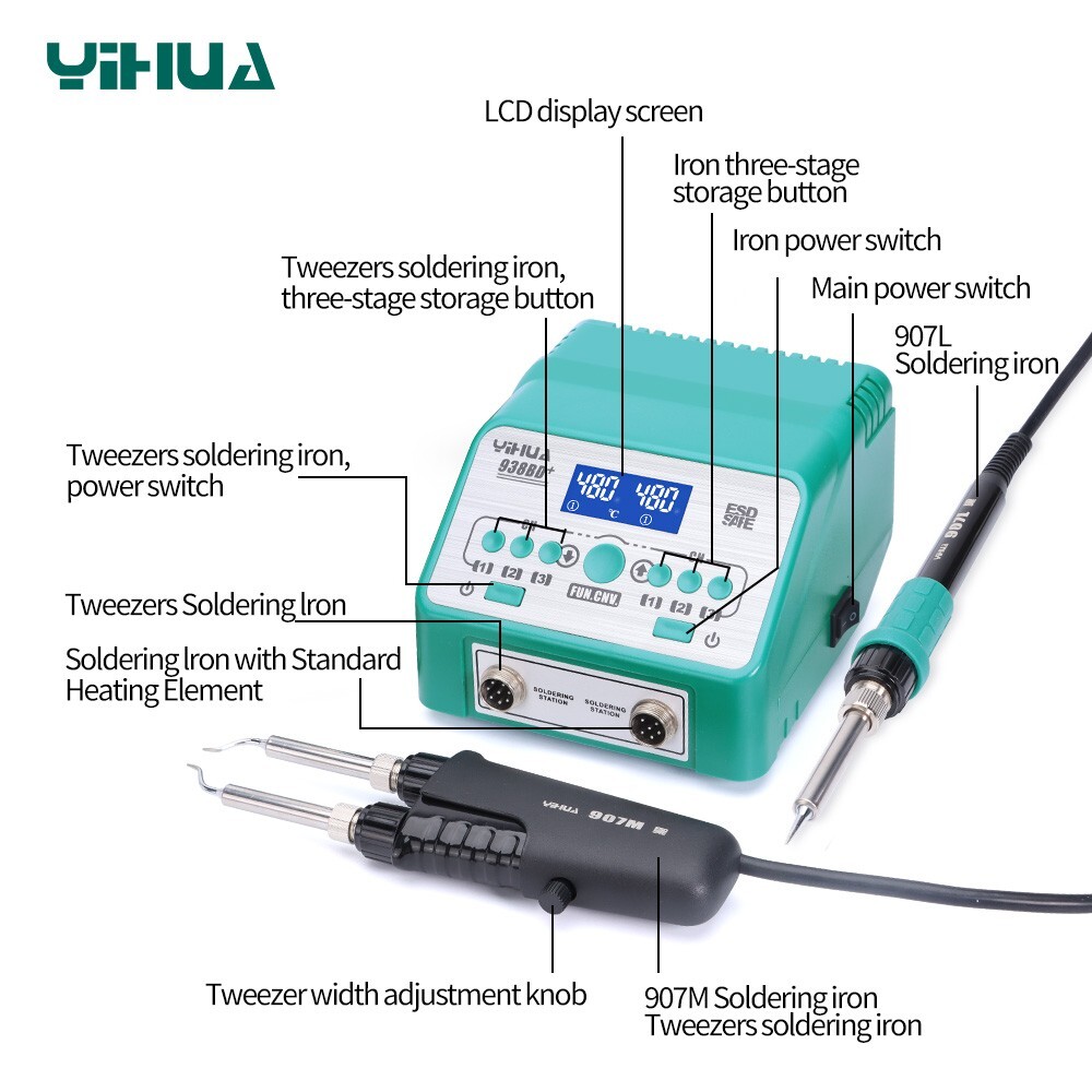 YIHUA 938BD+ Tweezers Soldering Station 2 in 1 Soldering Iron Kit Rework Station