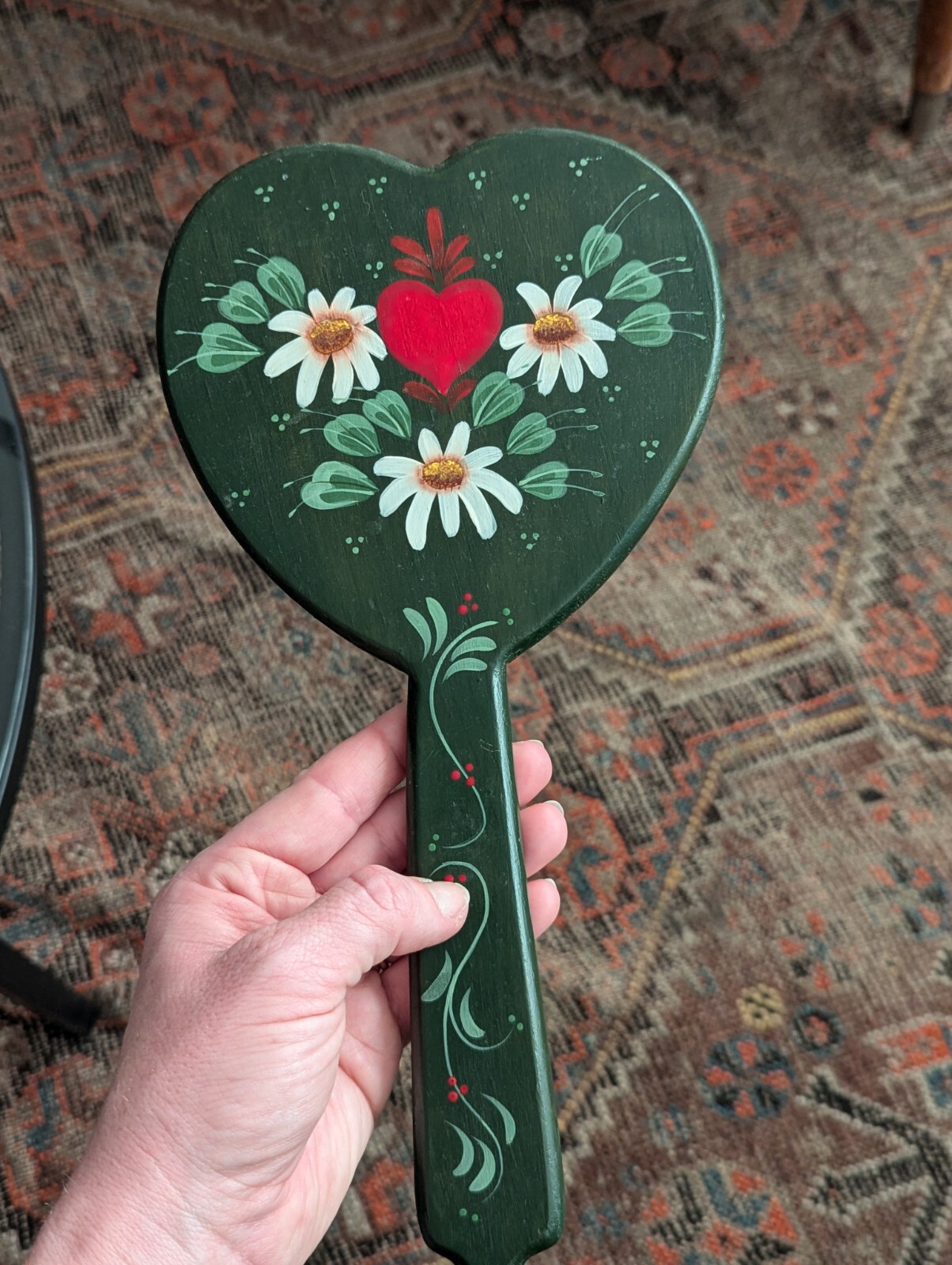 Vtg Hand Mirror Vanity Folk Art Handmade Home Green Wood Tole Painted Floral