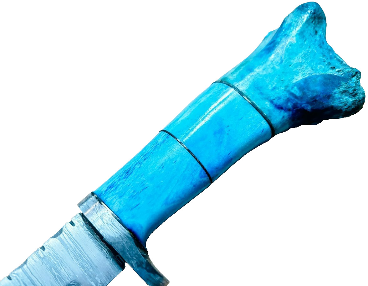 Blue Stag Bone Handle Damascus Fixed Blade Knife, Custom Made