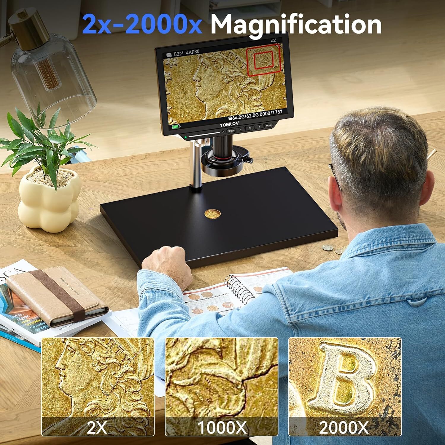 TOMLOV TM4K Max Digital Microscope 2000x 52MP 4K Video LCD Microscope for Adults