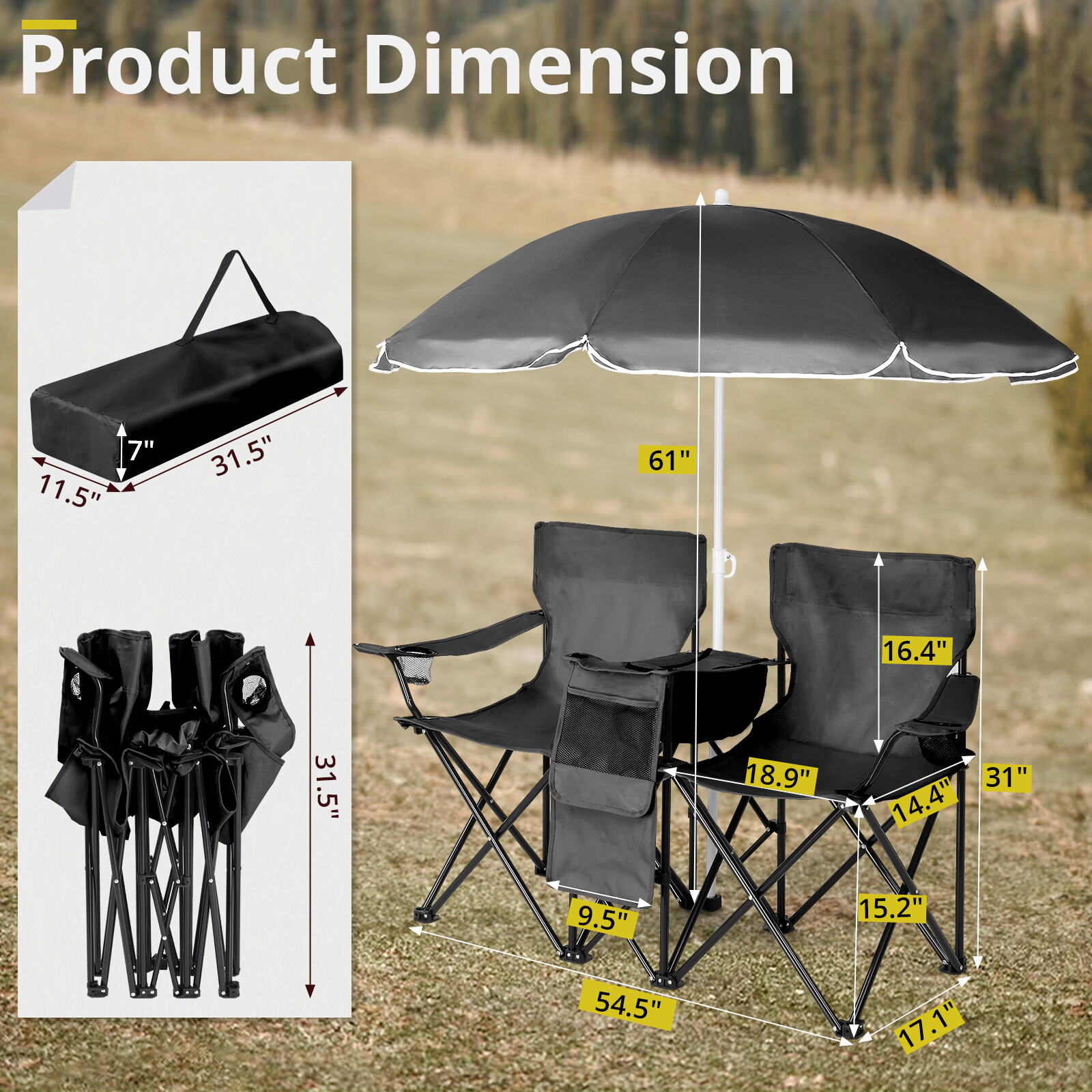 Folding Camping Outdoor Picnic Double Chair with Umbrella Table Cooler Beach New