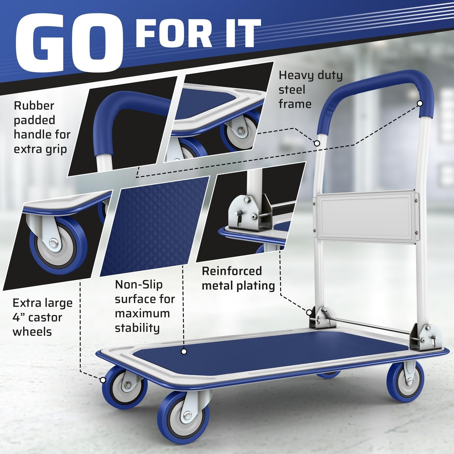 Heavy Duty Foldable Push Cart Dolly 330lb Collapsible Platform Truck Blue