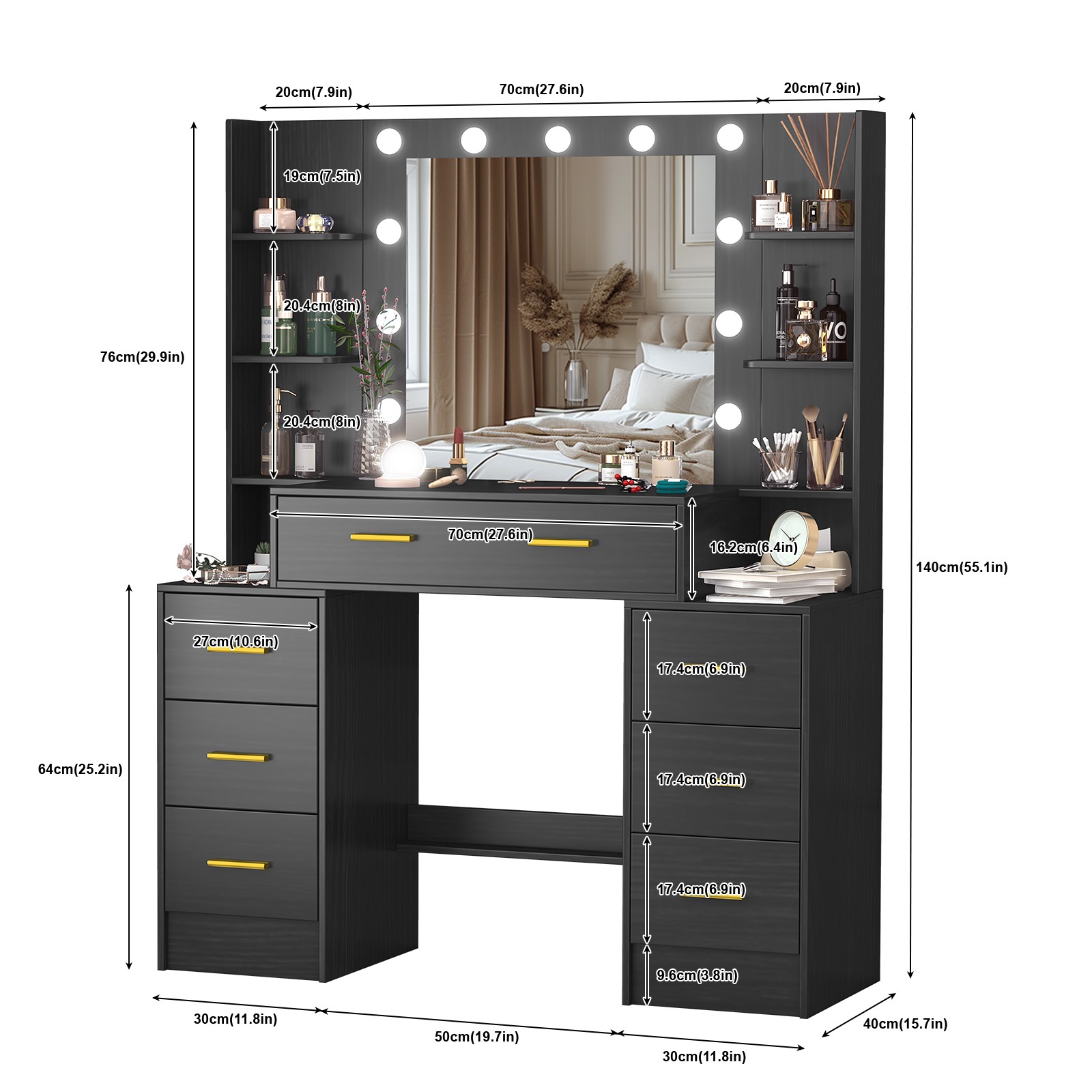 Large Vanity Makeup Table Dressing Desk With 11 LED Lighted Mirror & 7 Drawers