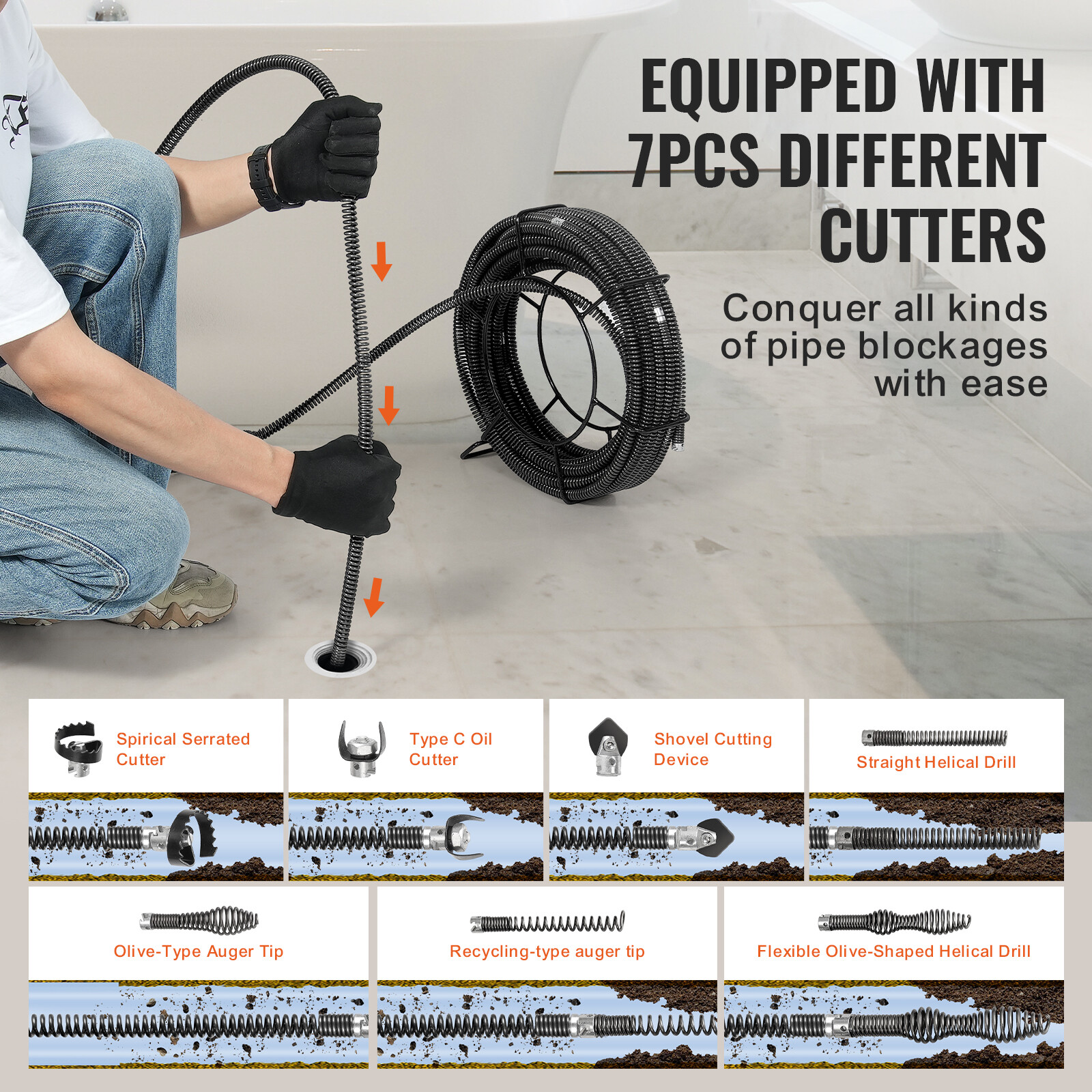 VEVOR Sectional Drain Cleaning Cable 100FTx5/8In & 7 Cutters for 0.8"-3.9" Pipes