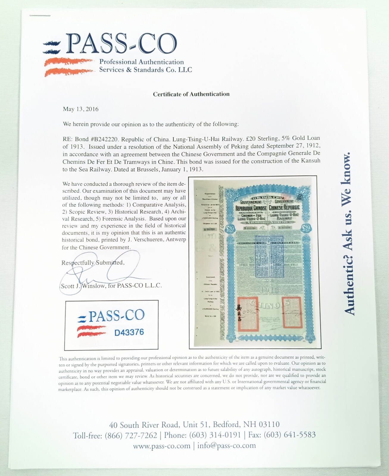 Uncut China 1913 Lung-Tsing-U-Hai Railway Bond Super Petchili Gold Loan PASS-CO