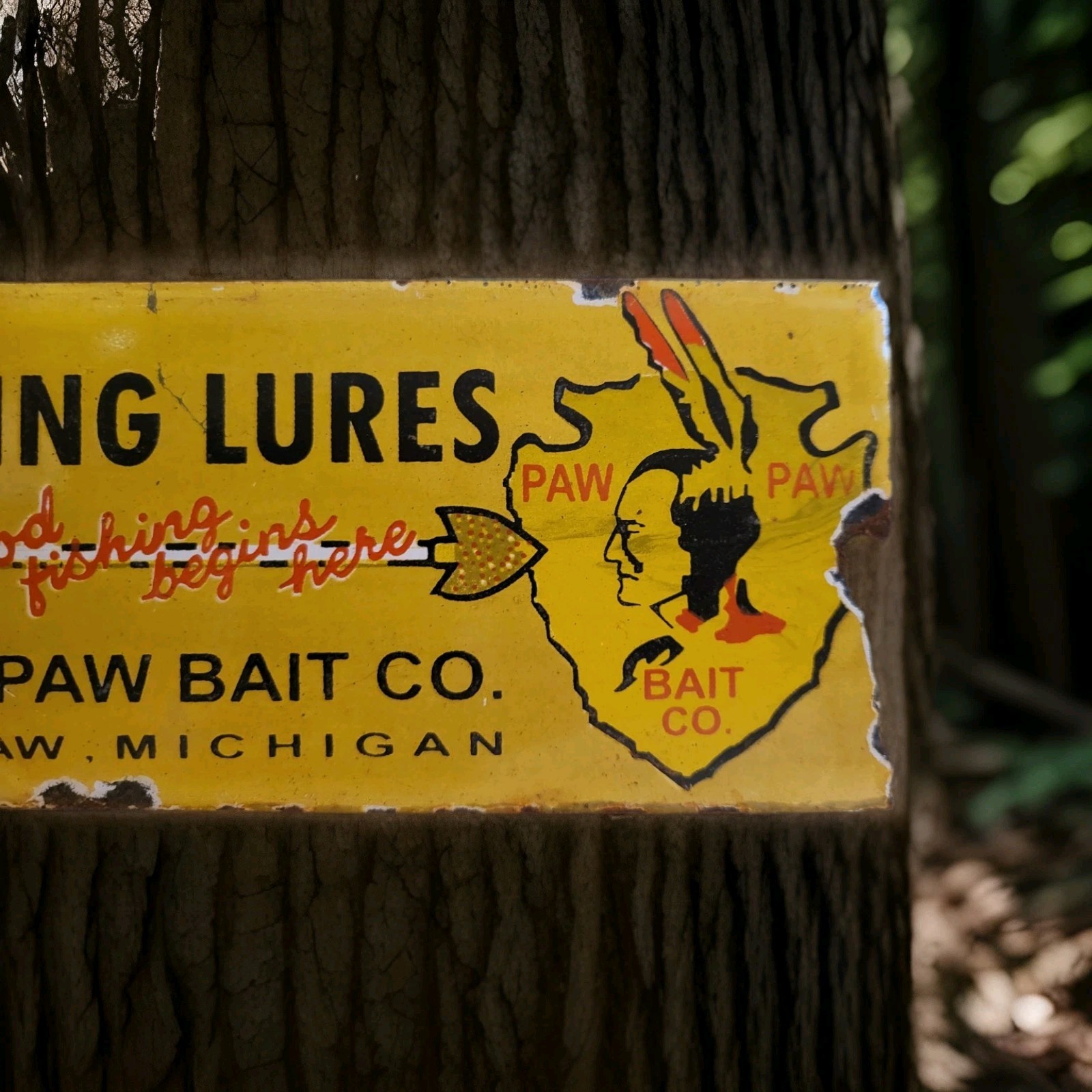 Vintage Paw Paw Bait Porcelain Sign Fishing Bait Lures Bass Michigan Gas Oil