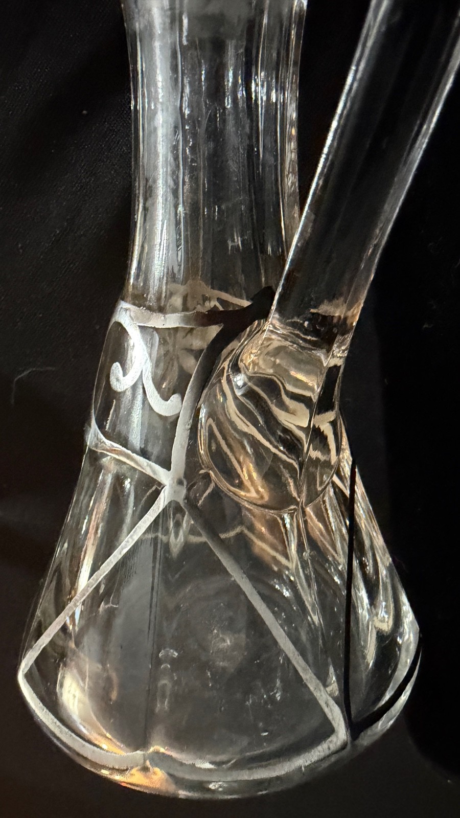 Antique Art Nouveau Sterling Overlay Glass Cruet Bottle w Stopper 6.5"