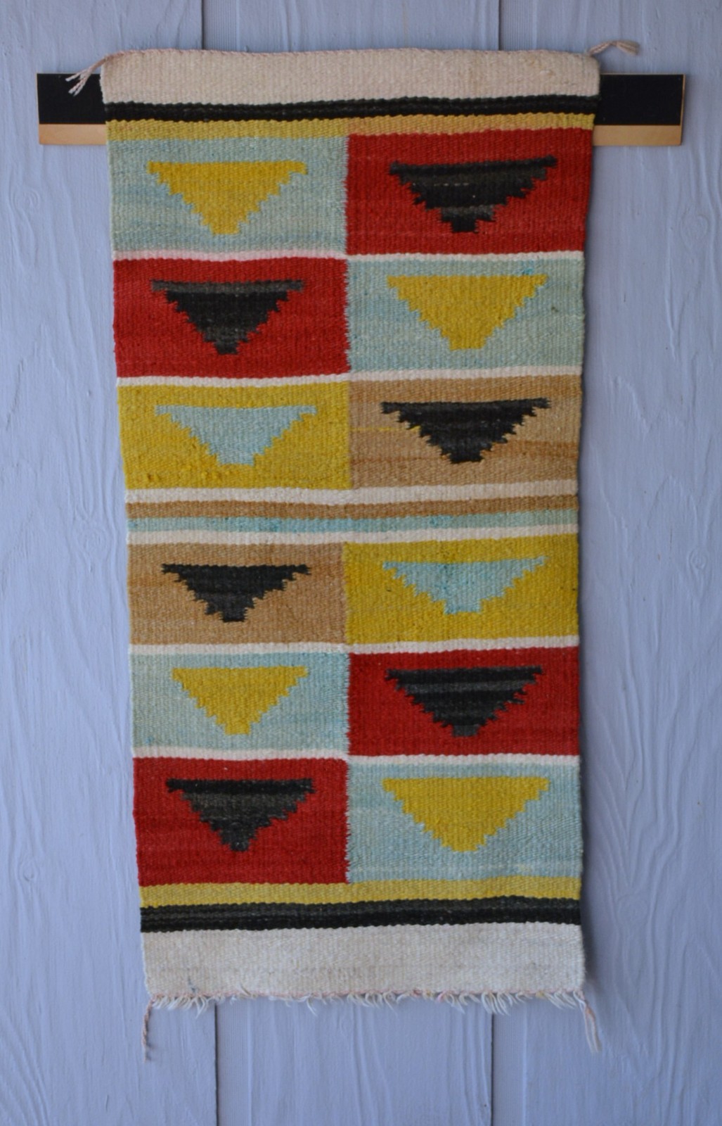 Unique Old Navajo Rug - Optical Design in Turquoise Yellow Red Black - 39" x 19"