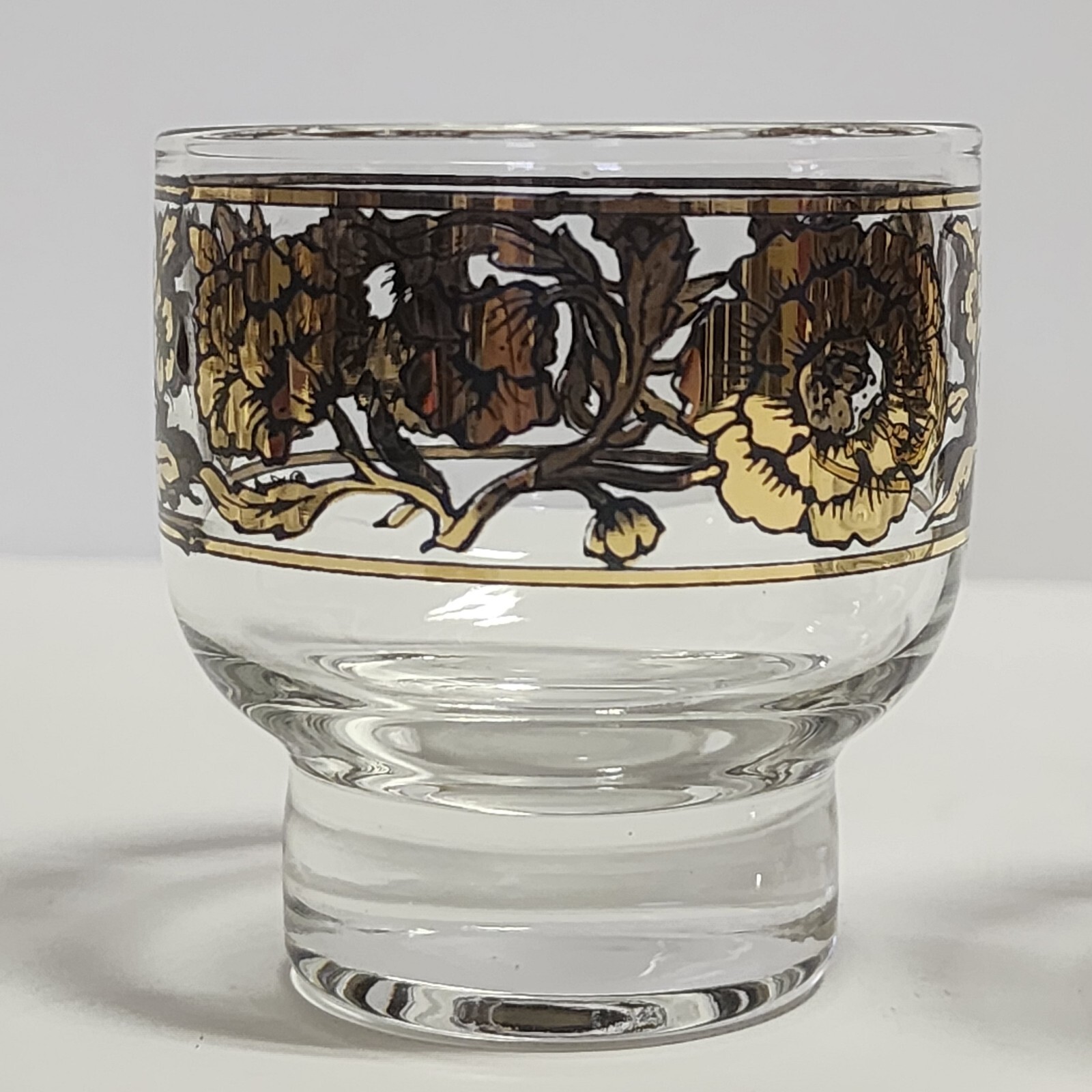 6 Early Culver Gold and Black Rare Chantilly Pattern Footed Cocktail Glasses 50s