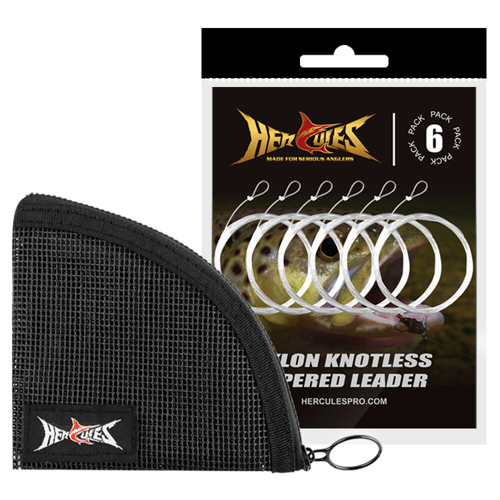 HERCULES Pre-Tied Loop Fly Fishing Leader Nylon 6 Pack W/ Tapered Leader Wallet
