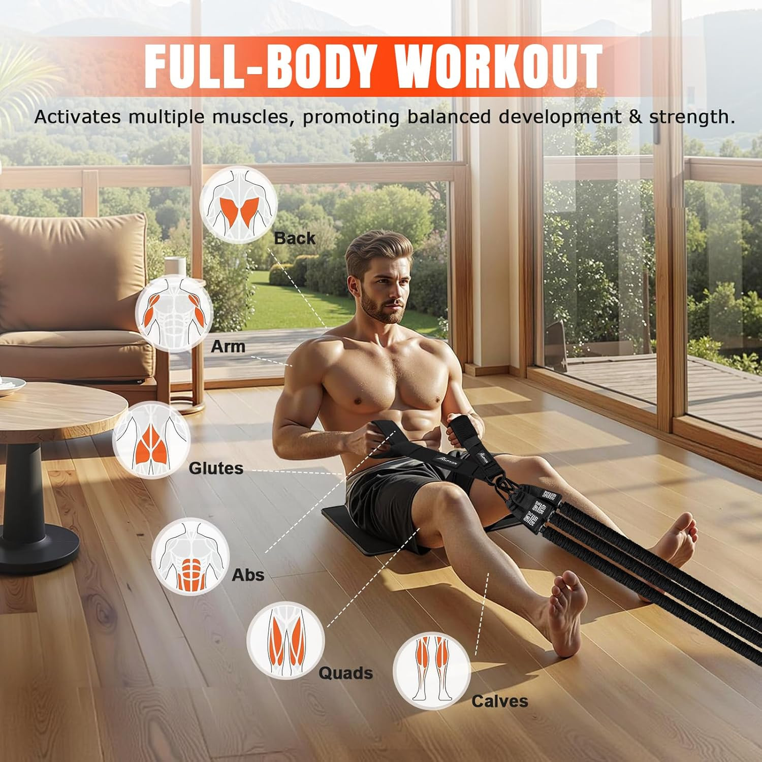 Rowing Resistance Bands, Best Replacement for Rowing Machine, Home Gym Workout E