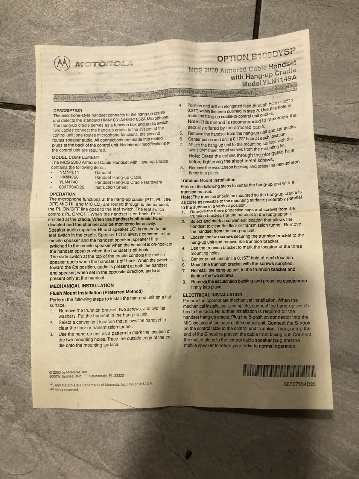 Motorola MCS2000 2-way Radio Privacy Handset Hang-up Cup Model YLN1149A