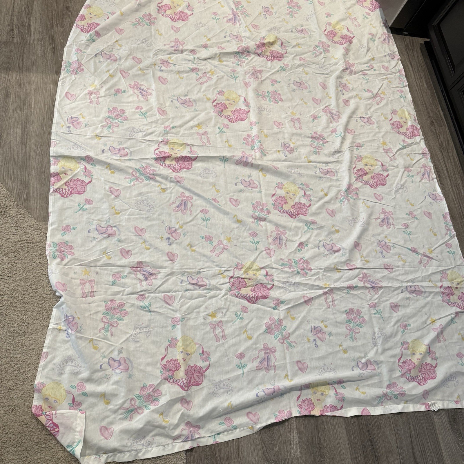 Vintage Bibb Company Barbie Twin Size Flat Top Sheet 1995 Ballerina Pink Bows