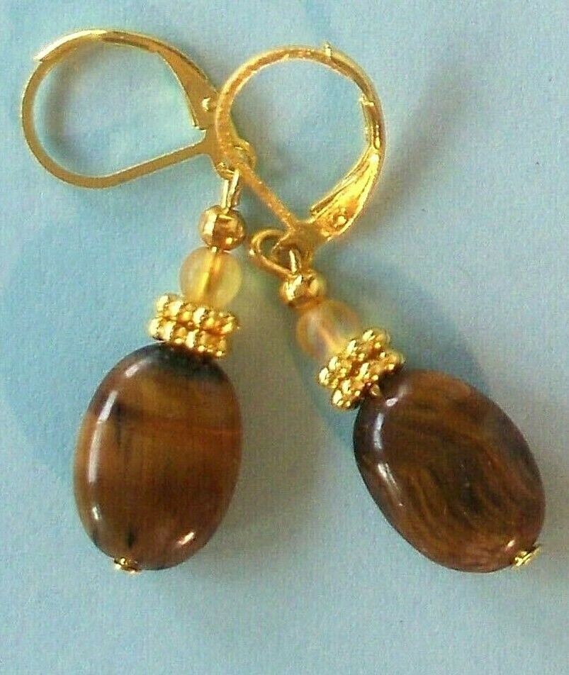 TIGER EYE oval frosted Crystal earring GP handcrafted LEVERBACK XX