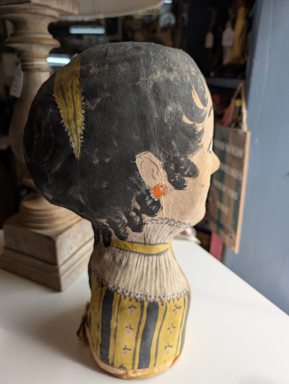 Vintage Millinery Head Hand Painted Plaster Paper Mache Fabric ANIQUE 13"