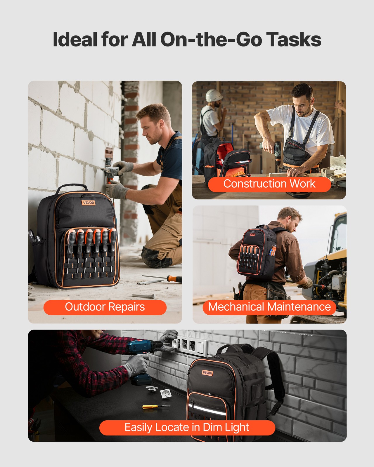 VEVOR Tool Backpack 49 Pockets Tear-resistant Jobsite Backpack for Electrician