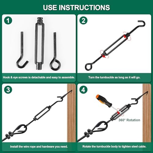 Premium Decorative Turnbuckle Hook & Eye, 12Pcs M6 x 5.9" Hook & Eye Black