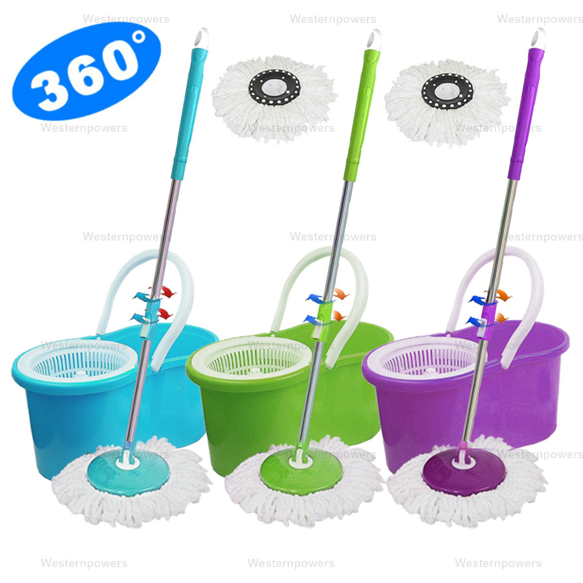 360° Rotating Head Easy Spin Dry Floor Mop Bucket + 2x Head Microfiber Spinning