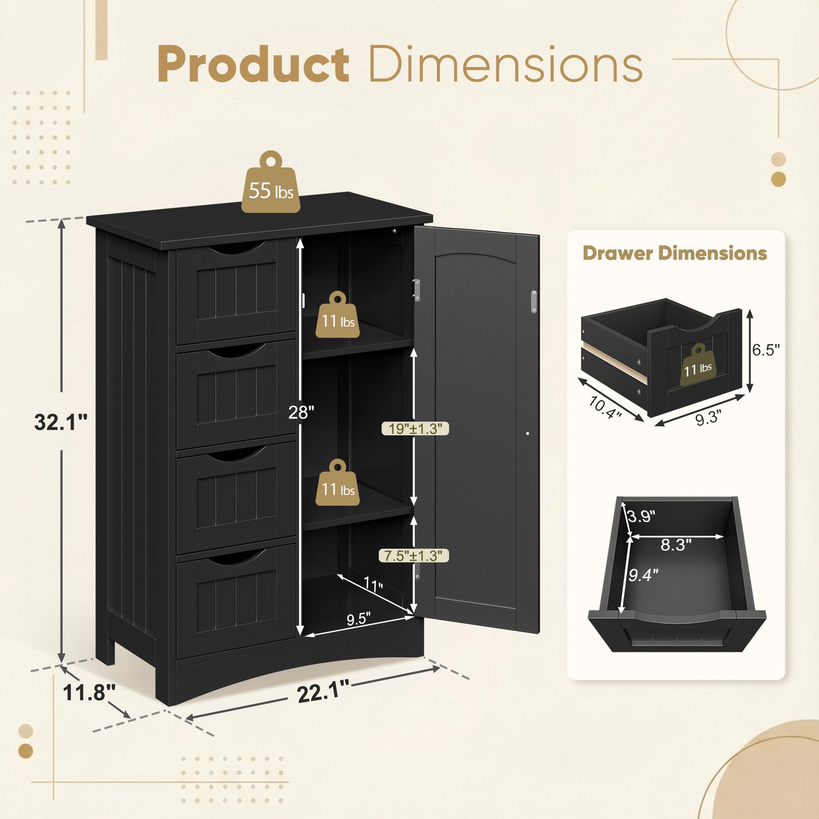 Bathroom Floor Storage Cabinet w/4 Drawers Adjustable Shelves Freestanding Black