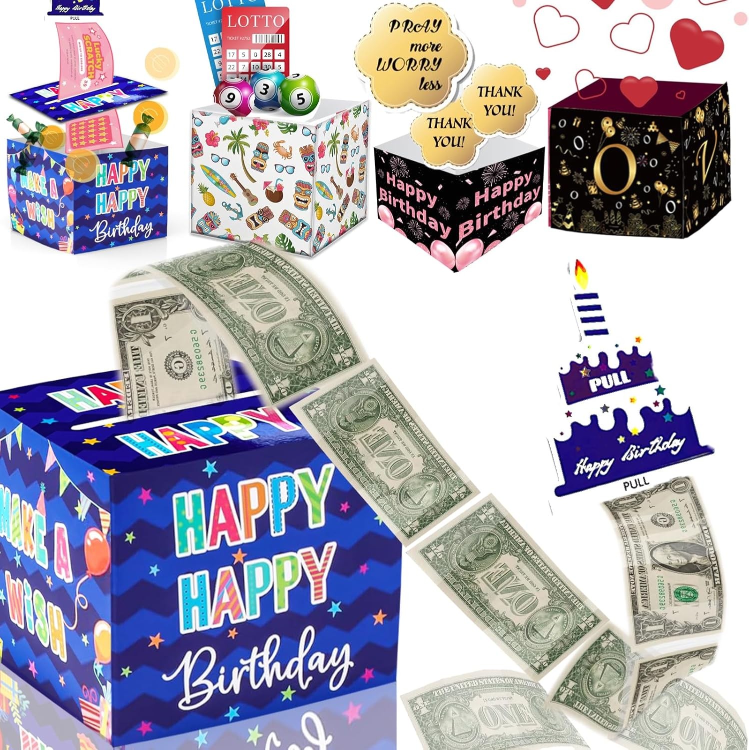 Birthday Money Box for Cash Gift Pull, Surprise Money Roll Gift Box with Pull Ou