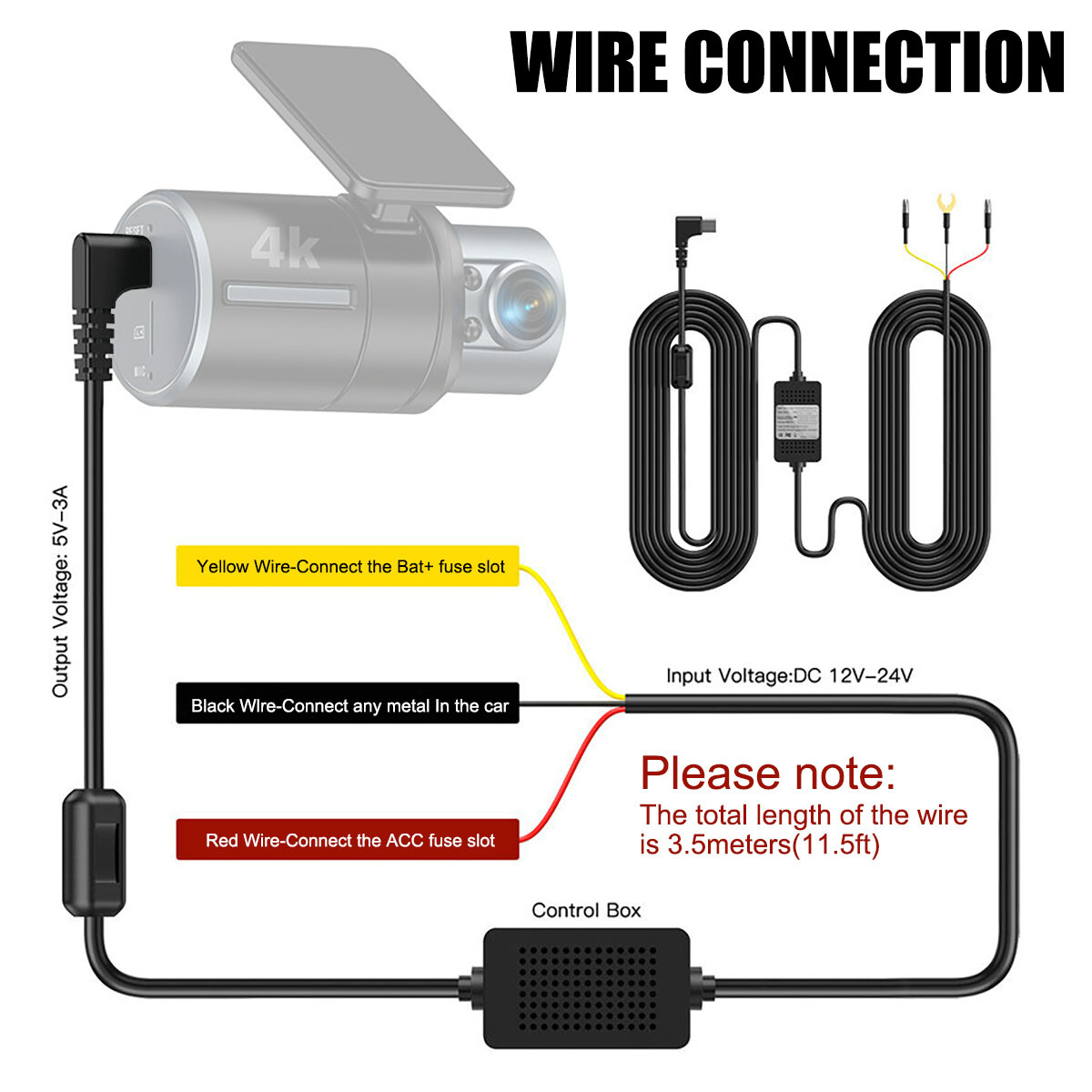 USB C Dash Cam Hardwire Kit For Fuse 12-24V to 5V/3A Type C Port Hard Wire Cable