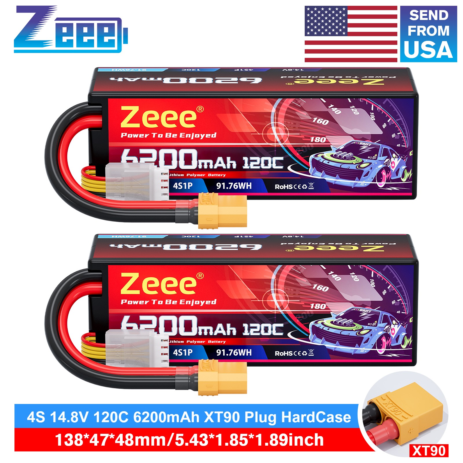 2x Zeee 4S Lipo Battery 6200mAh 14.8V 120C XT90 for RC Car Truck Tank RC Models