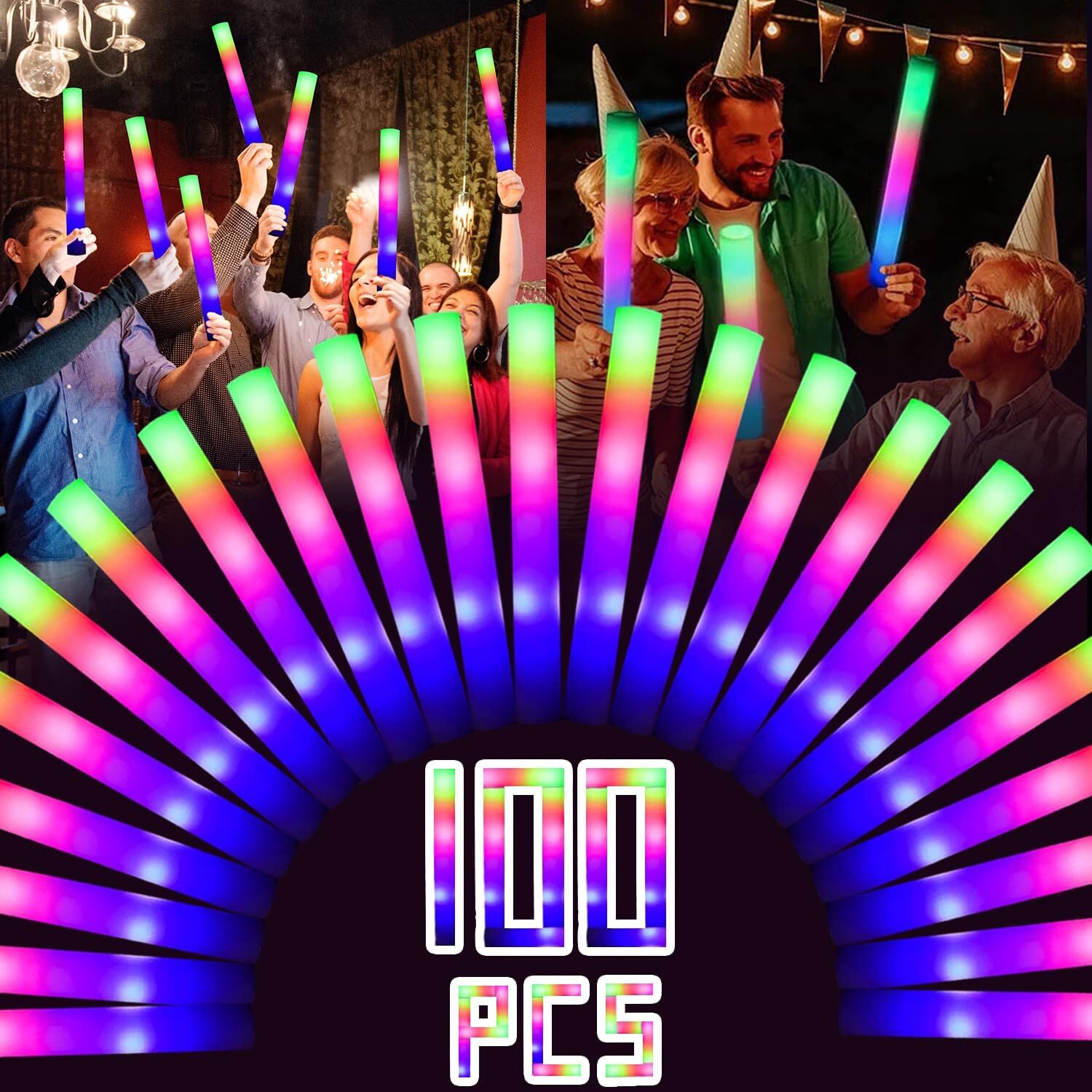 100PCS LED Foam Glow Sticks Party Wedding Flashing LED Light Stick Light-up Bar