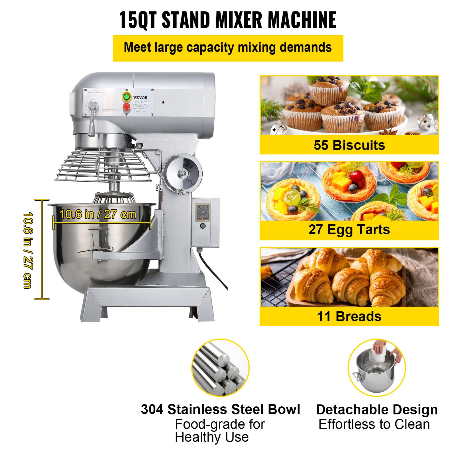 VEVOR 15QT Commercial Dough Food Mixer Machine Electric Stand w/Hooks 3-Speed