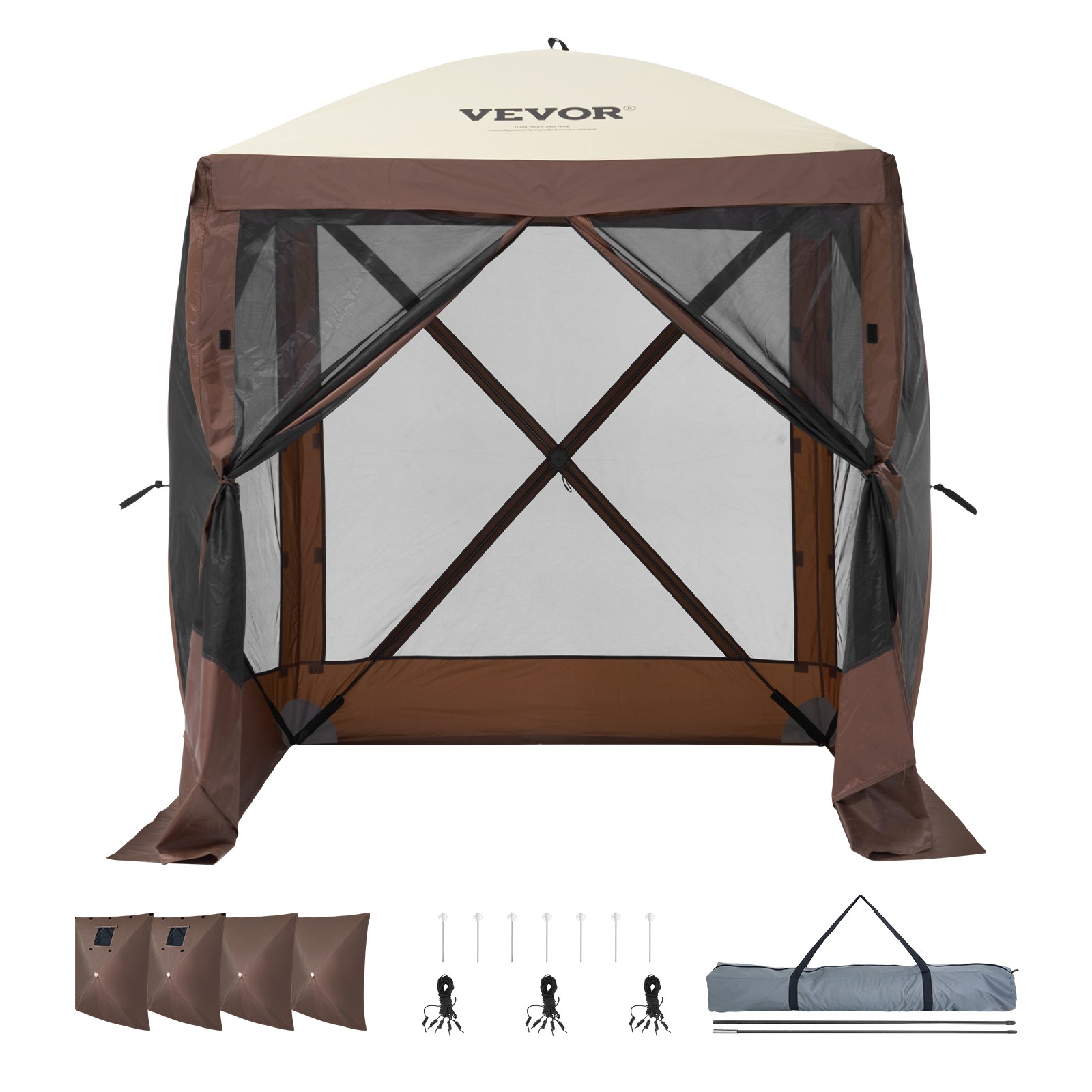 VEVOR Pop Up Gazebo Tent Pop-Up Screen Tent 4 Sided Canopy Sun Shelter Brown