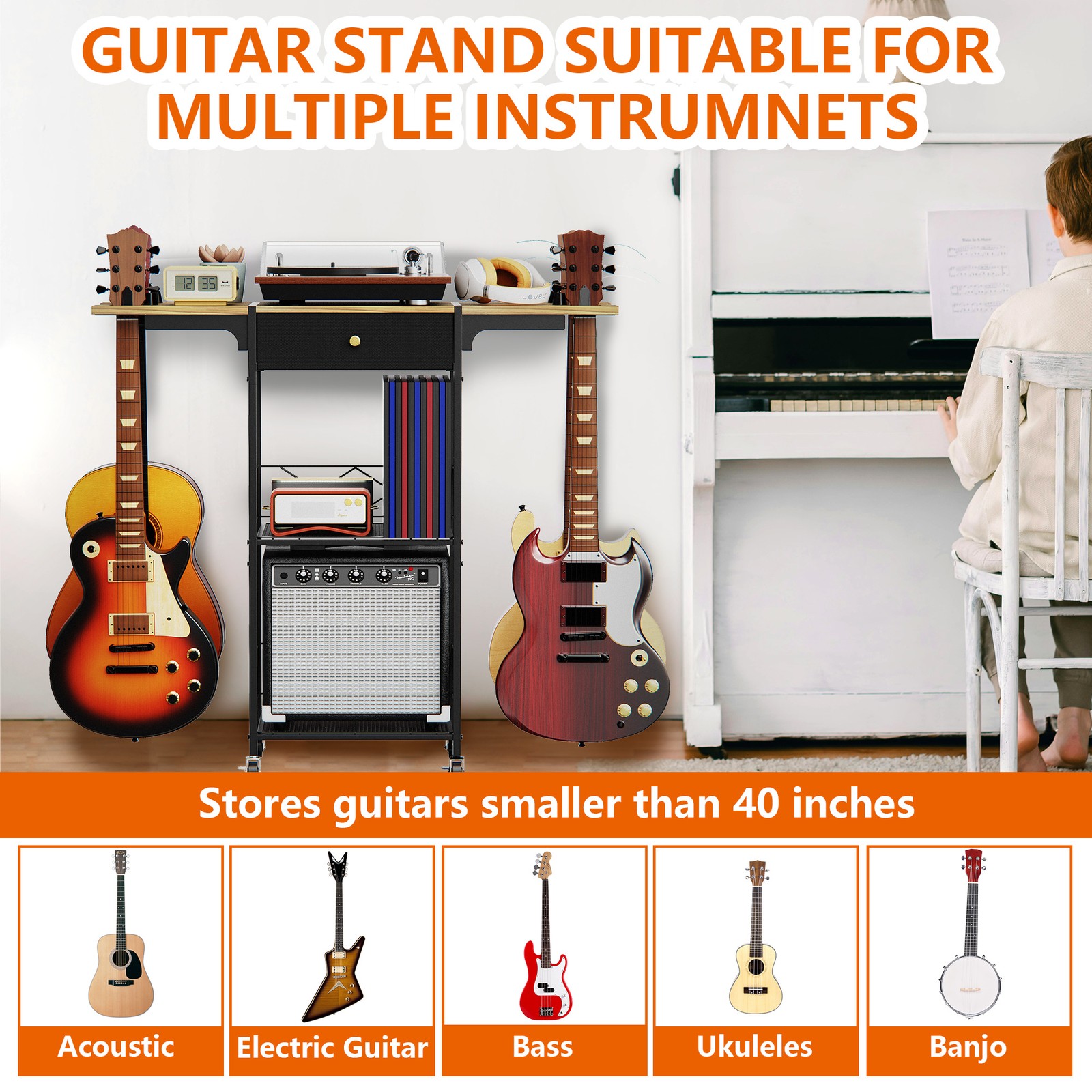 3-Tier Multi Guitar Stand with 4 Guitar Holder & Wheel,3-In-1 Floor Guitar Rack