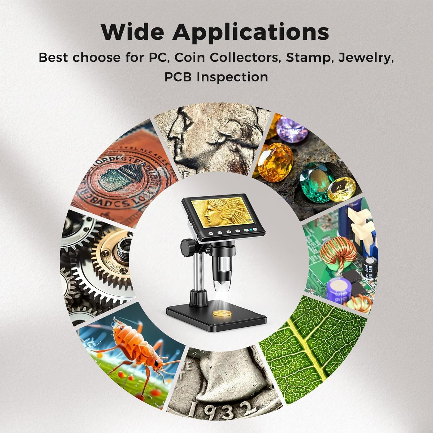 4.3 Inch LCD Digital Coin Microscope, 1000X USB Magnifier with 8 Adjustable LED