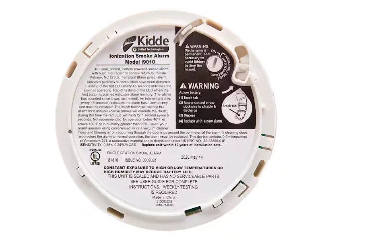 Kidde Smoke Alarm i9010 10-Year Battery Powered Ionization Smoke Detector SEALED