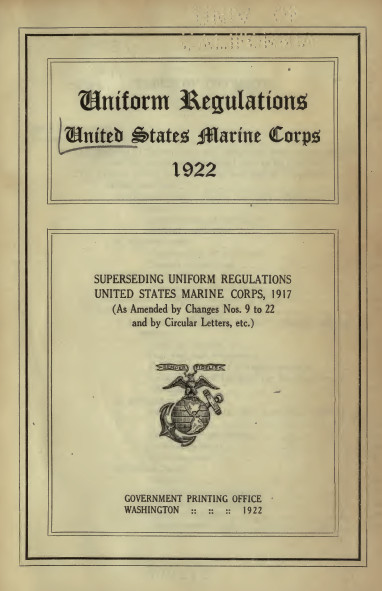 1922 WW I Marine Corps USMC Uniform EGA Insignia & Chevron Regulations Book