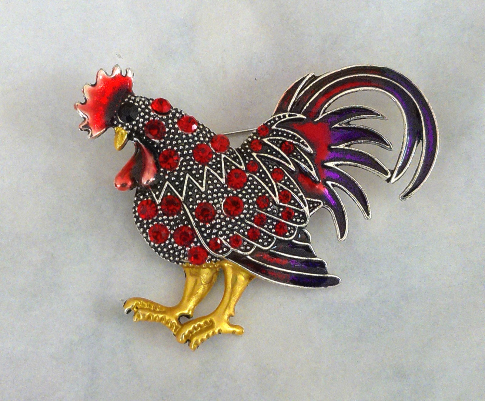 New Silvertone Rooster Chicken Red Crystals Multi Enamels as Accents Pin Brooch