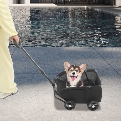 Black Dog Stroller Freestanding Folding Dog Cart Pet Stroller for Travelling