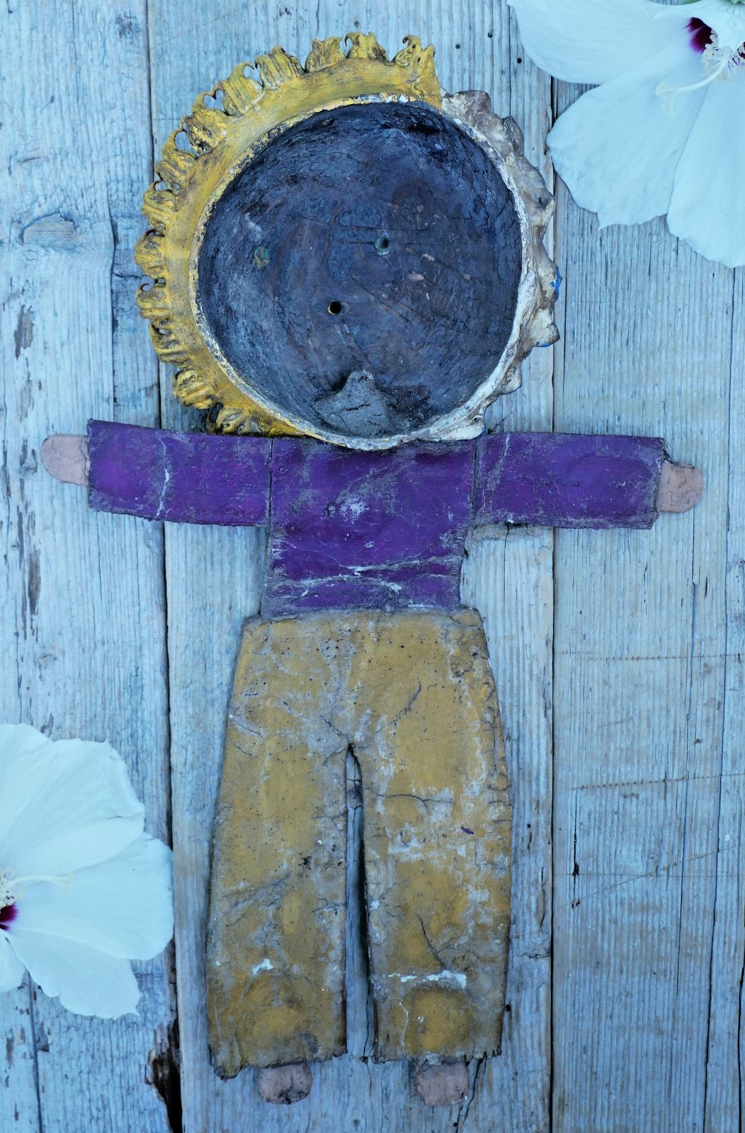 Sun Moon Face Man Hand Painted Handmade Canvas Coconut Guerrero Mexico Folk Art