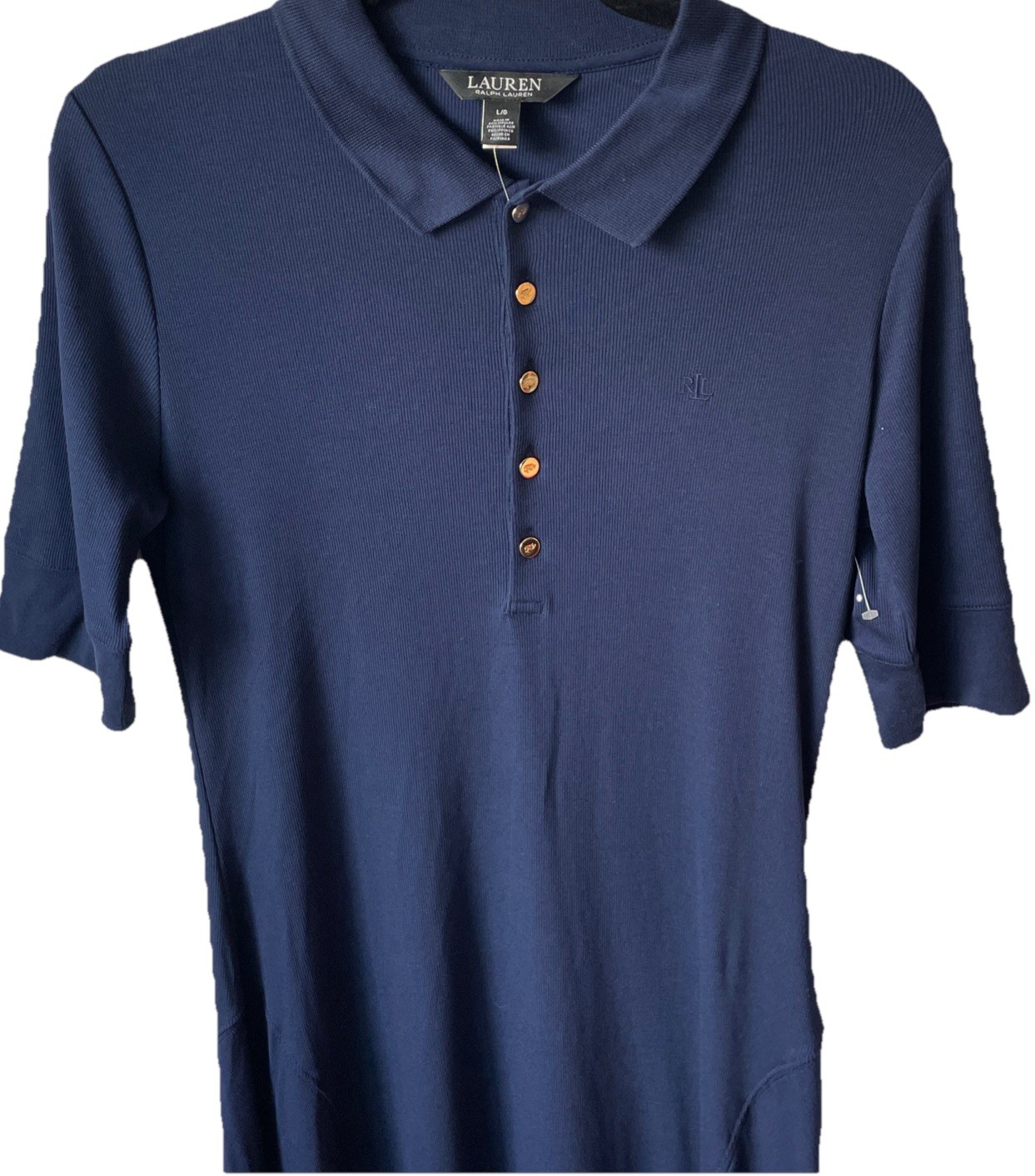 New Lauren Ralph Lauren Cotton-Blend Midi Polo Dress in Navy Blue Size Large