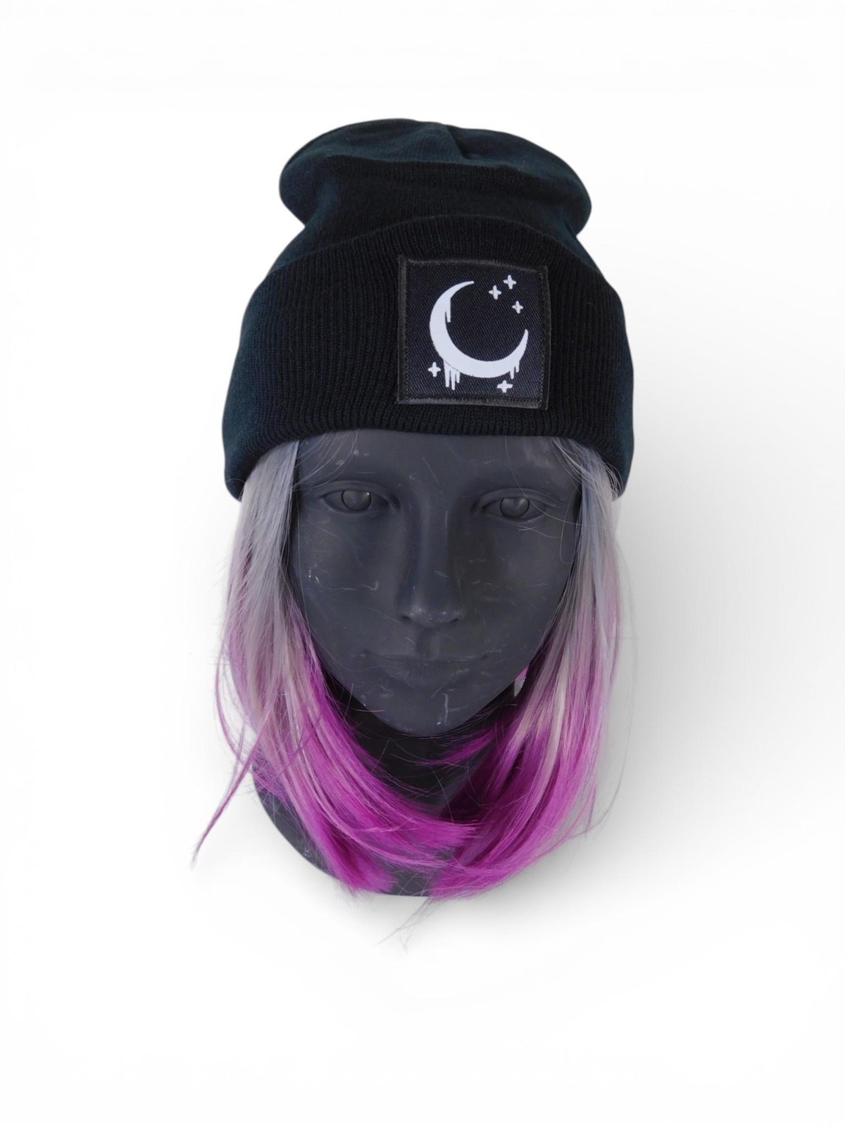 Crescent Moon Beanie Hat Womens One Size Black Satin Lined Knit Warm Winter