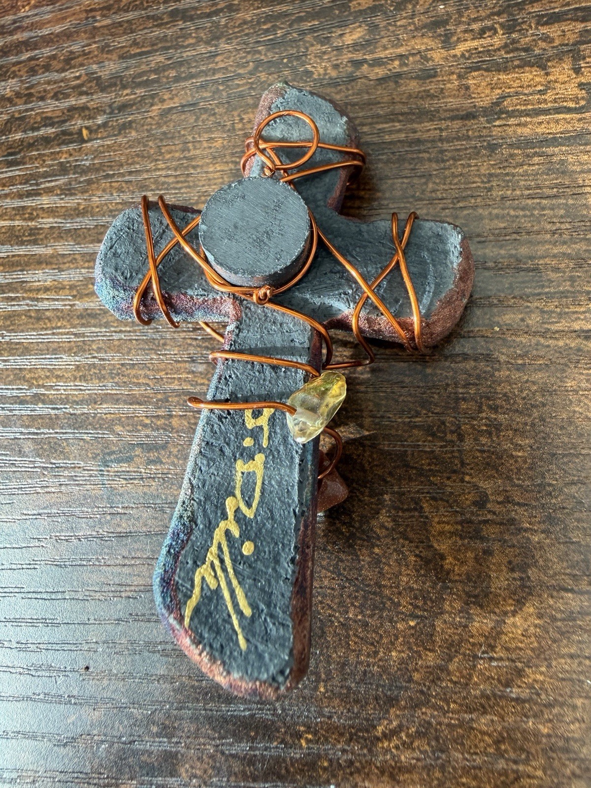 Jeremy Diller Raku Pottery Cross Magnet Art Iridescent w Copper Wire & Stones