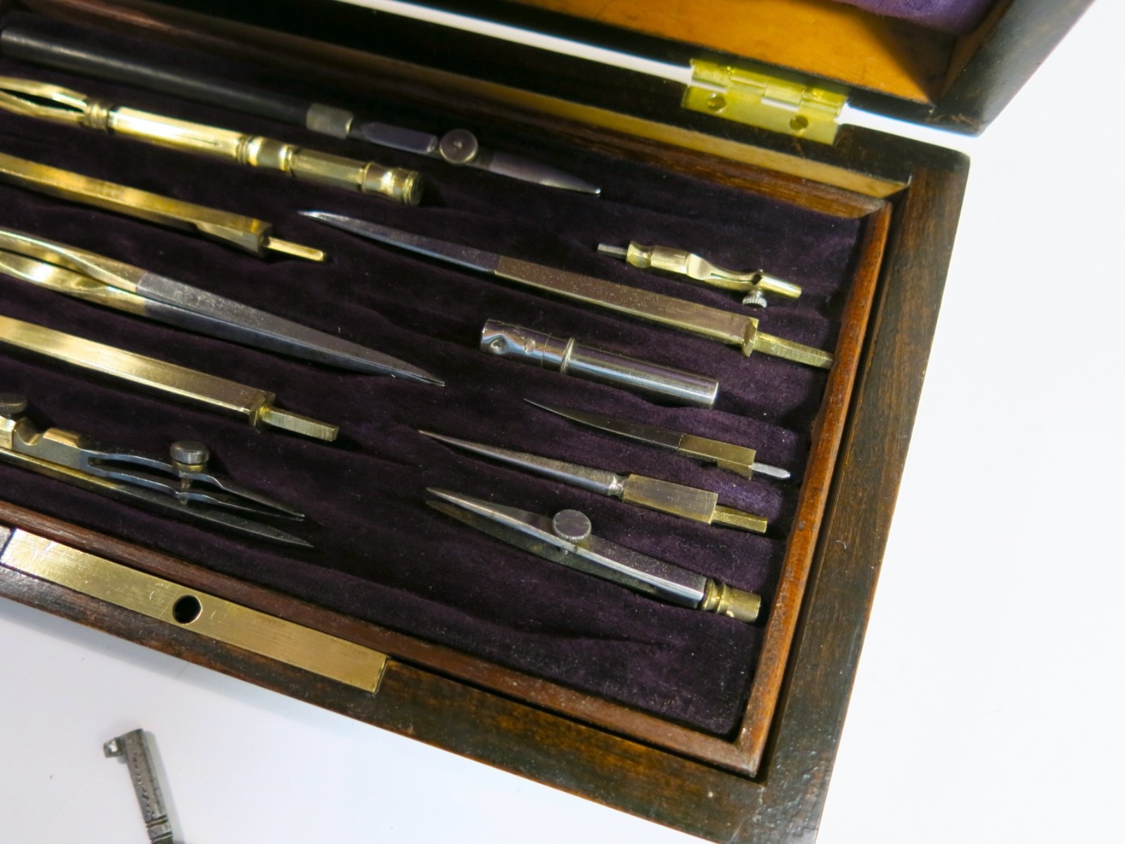 Antique late 1800s Drafting Set in Refinished Wooden Box with Lock and Key